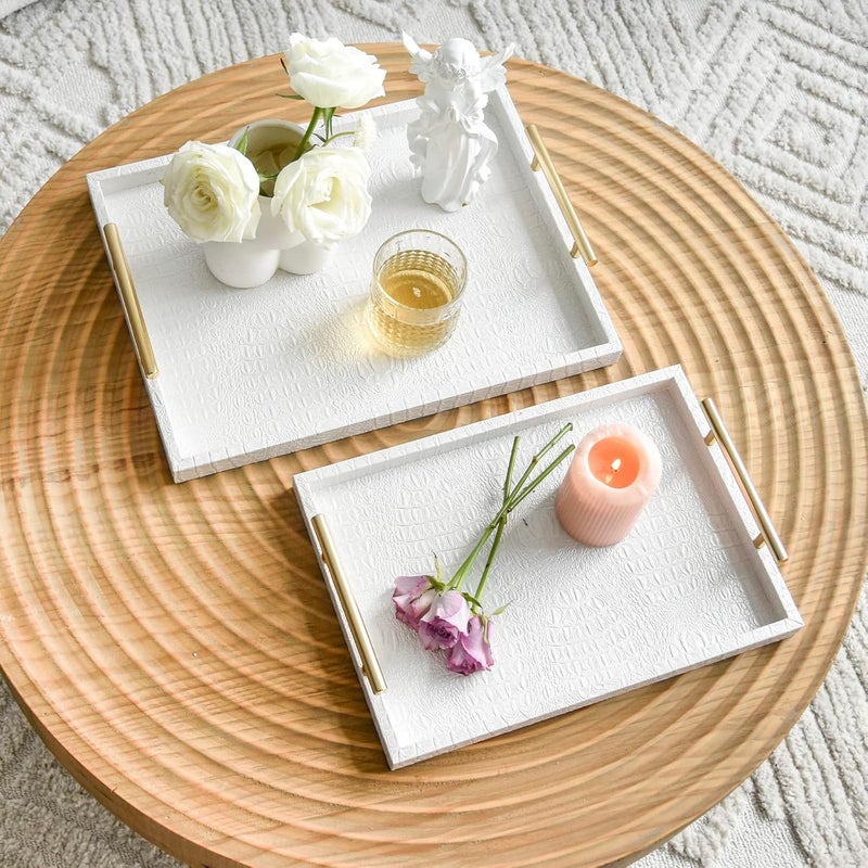 MACVAD Set of 2 Modern Elegant Large Wood Serving Tray, Rectangle Decorative Tray Ottoman Tay Coffee Table Tray, Pearl White Crocodile Leather with Gold Polished Metal Handles - Image 3